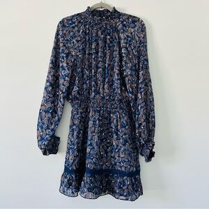 Lost + Wander Wish Upon Navy Gold Paisley Long Sleeve High Neck Mini Dress NWT M
